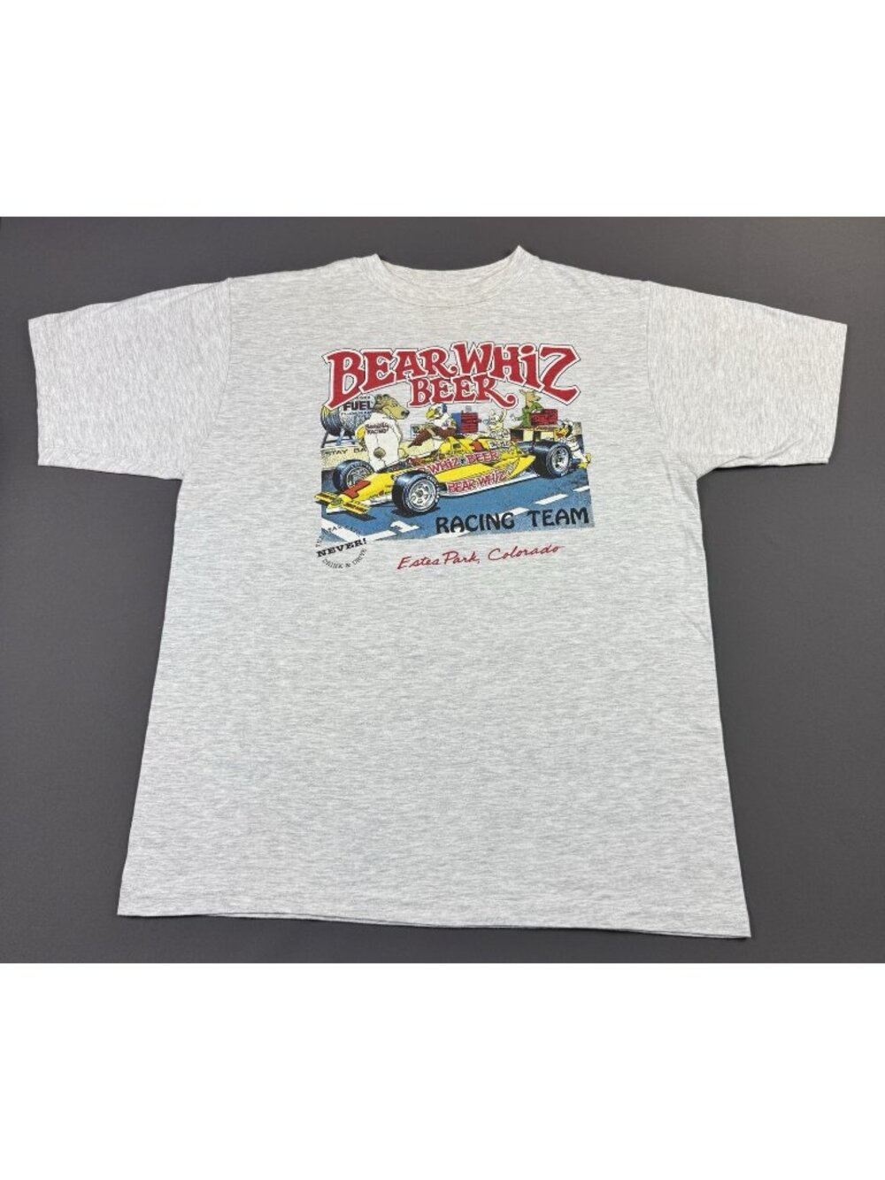 Rare Vintage 90s Bear Whiz Beer Racing Team Estes Park Colorado Gray XL Tee Art